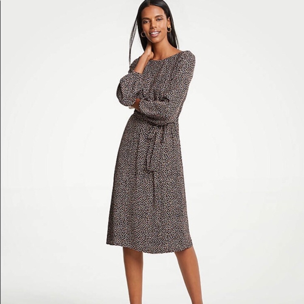 Ann Taylor Black and White Polka Dot Tie-Waist Midi Dress